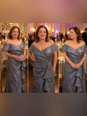 Xscape Metallic Slate Blue Off-Shoulder Ruffle Maxi Dress